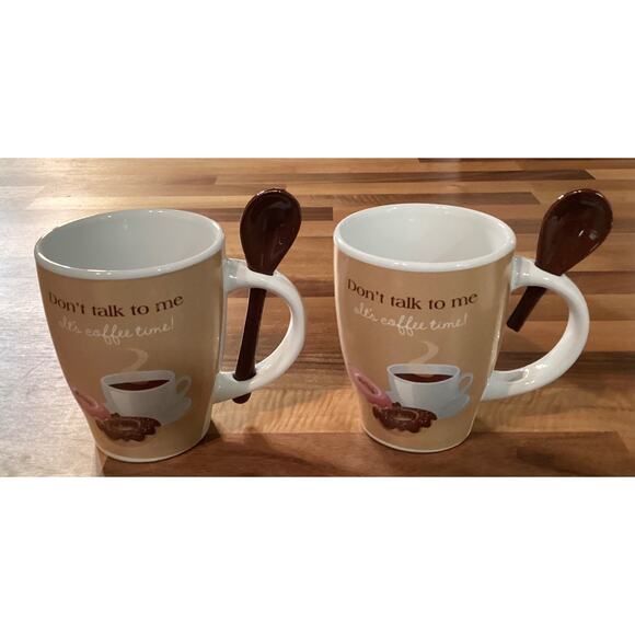 2 Trisa Coffee Mug Cups with Spoon Holes ~ 'Don't Talk to Me - It's Coffee Time" - Picture 1 of 10
